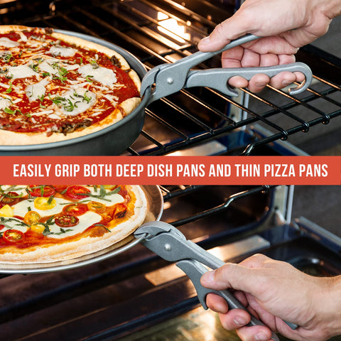 Chef Pomodoro oven grill ready tool keeps hands safe during pot and pizza handling.