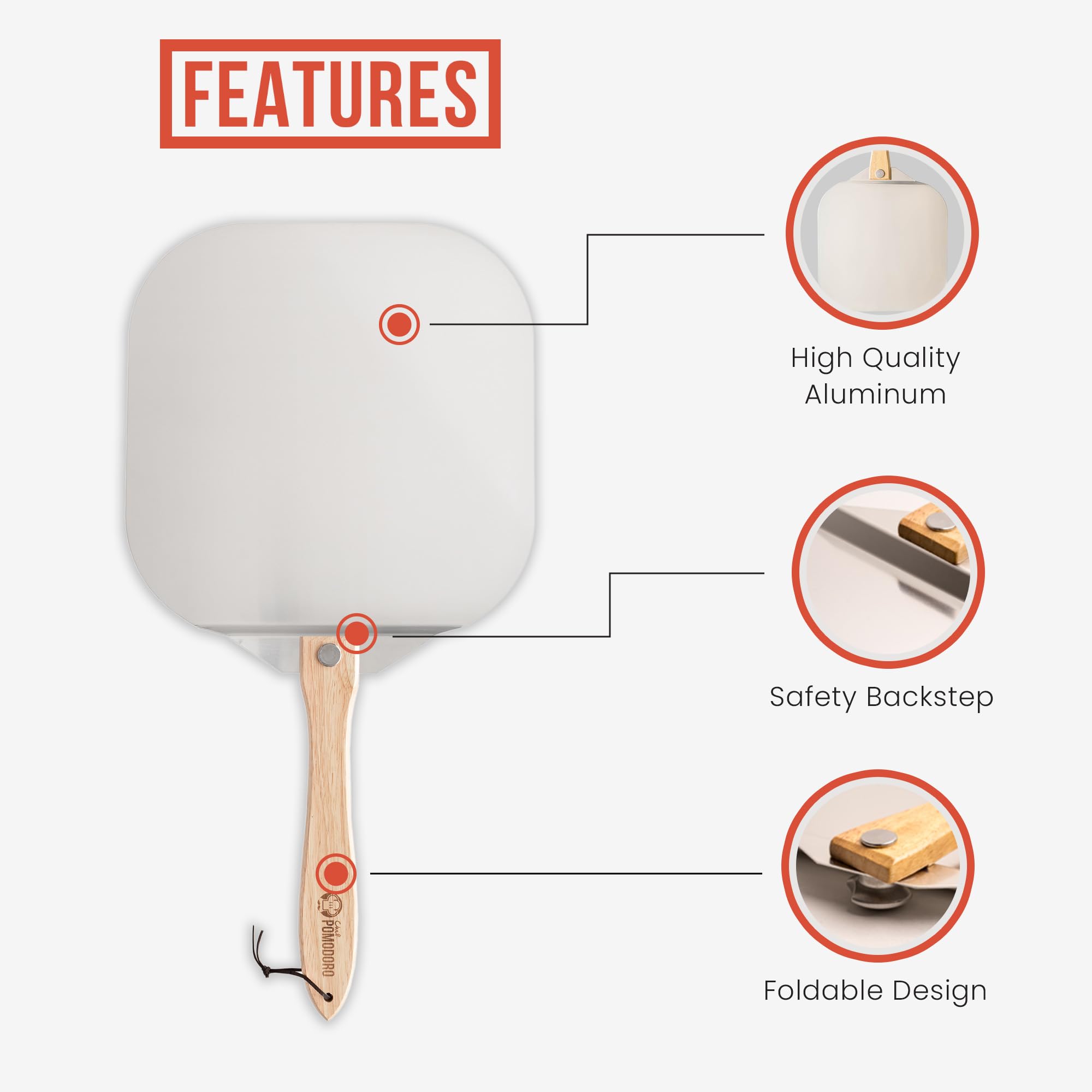 Chef Pomodoro aluminum-head pizza peel suitable for pizzas, bread, and pastries