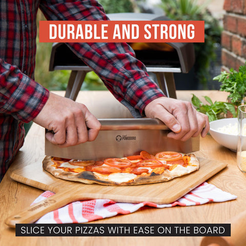 Chef Pomodoro compact bamboo peel fits 12-inch pizzas.