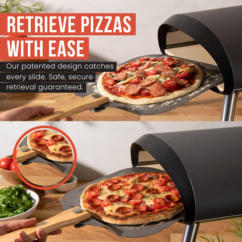 Sturdy aluminum head supports moving pizzas and breads from oven