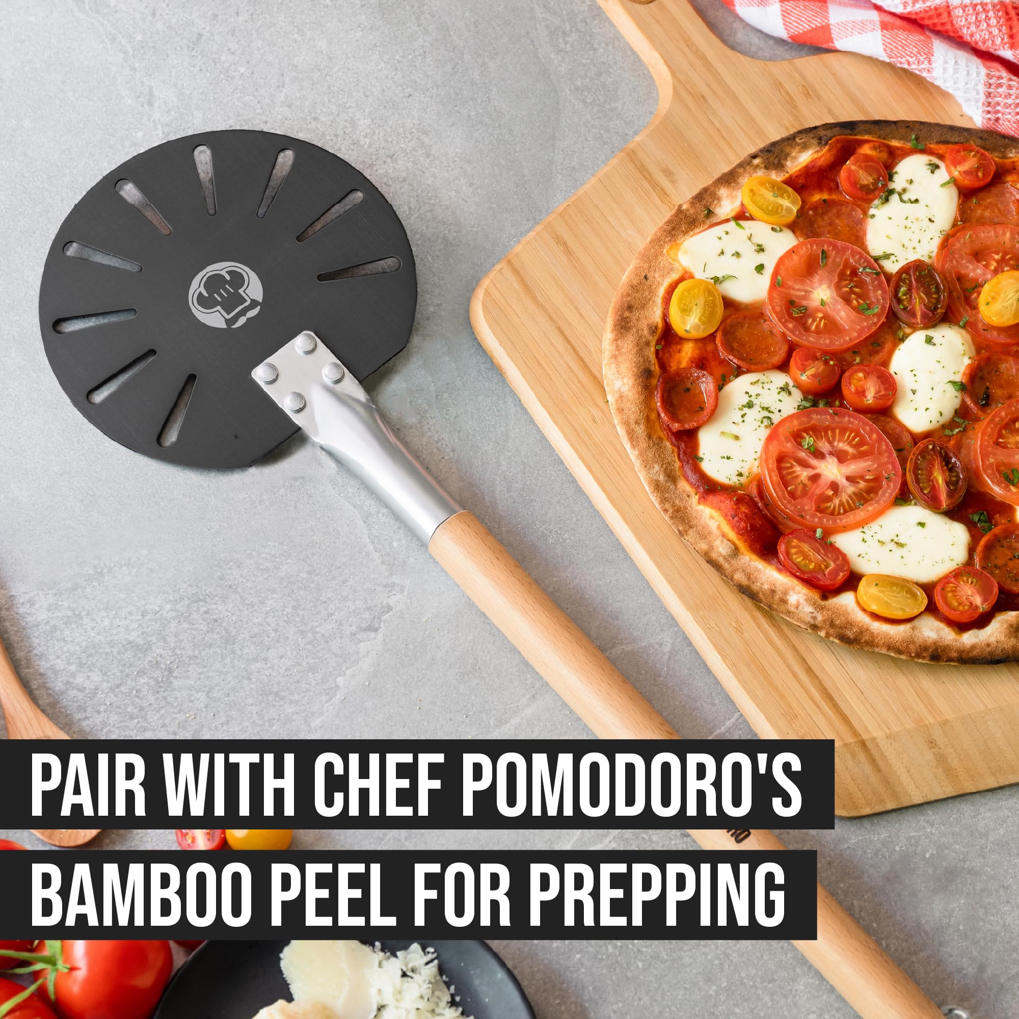 Chef Pomodoro tapered edge slides smoothly under dough for precise transfers.