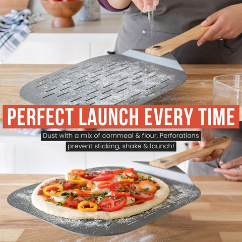 Natural pine wood handle with warm, comfortable grip on Chef Pomodoro peel