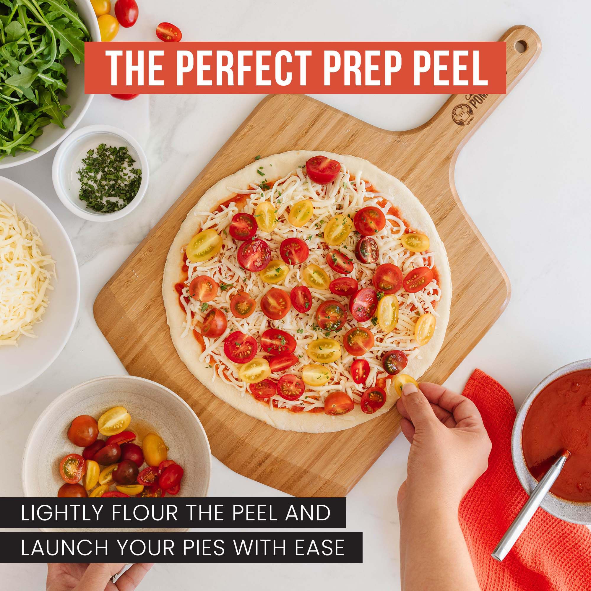 Chef Pomodoro wooden serving board doubles as pizza prep surface.