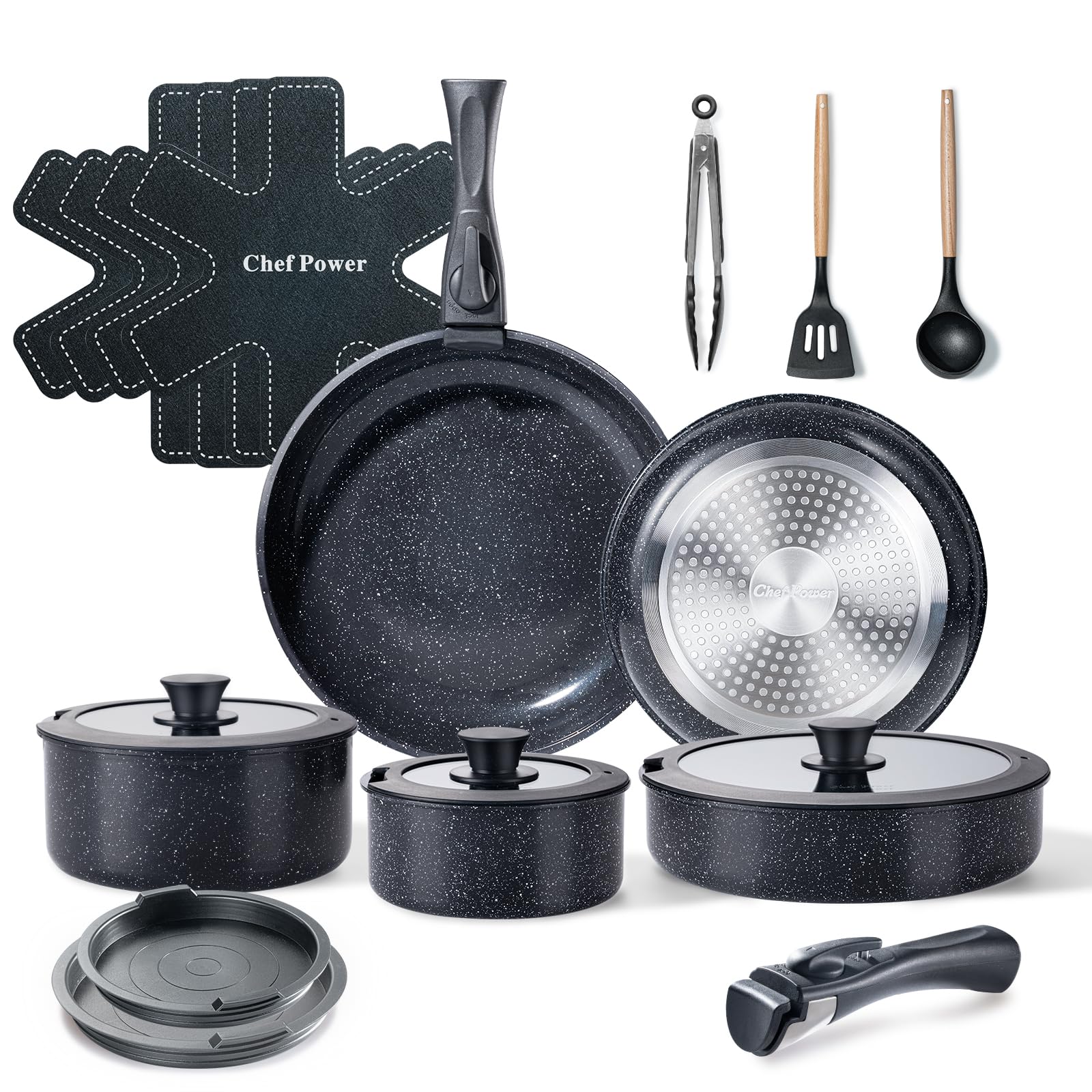 Chef Power ceramic nonstick 19-piece set with a modern rock stone finish for versatile cooking.
