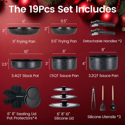 Chef Power detachable handle system for compact storage and easy transition.