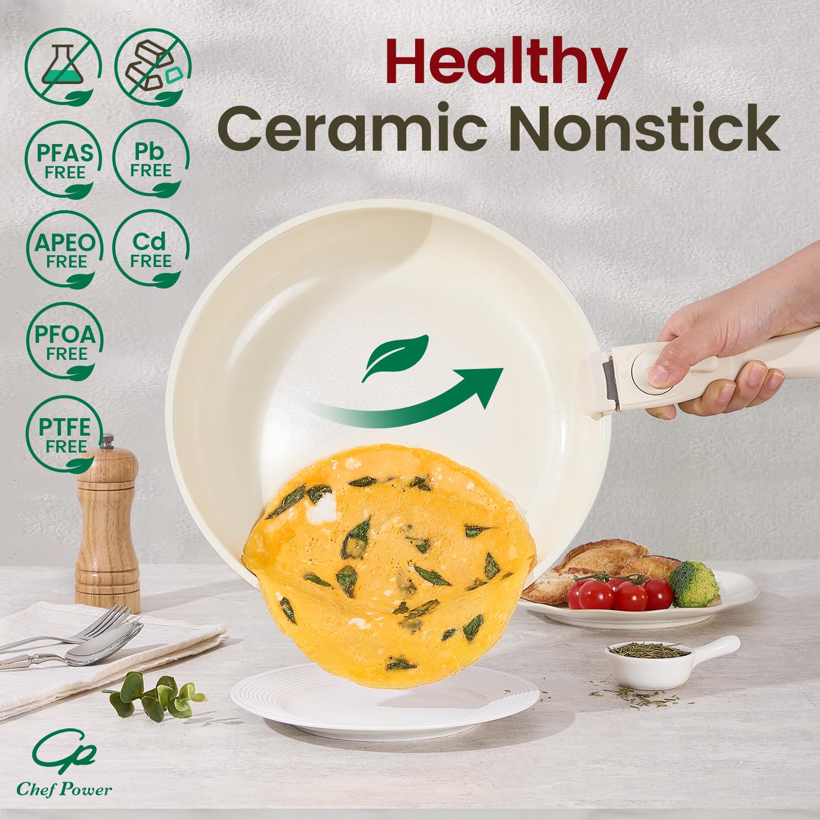 Chef Power ceramic nonstick pieces shown, dishwasher-safe for simple cleanup.