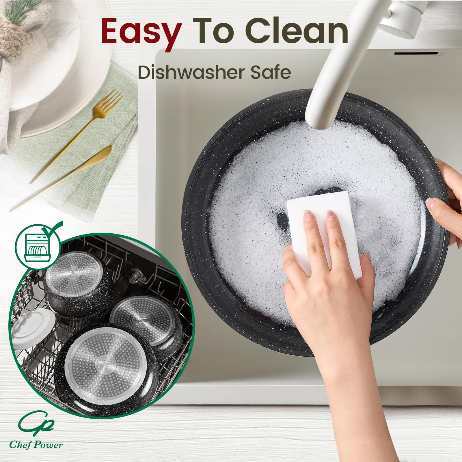 Chef Power dishwasher-safe nonstick pans for quick, easy cleanup.