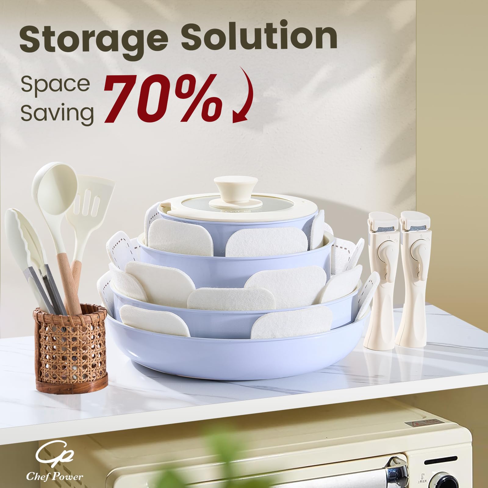 Chef Power induction-compatible cookware ready for gas, electric, or ceramic stoves.