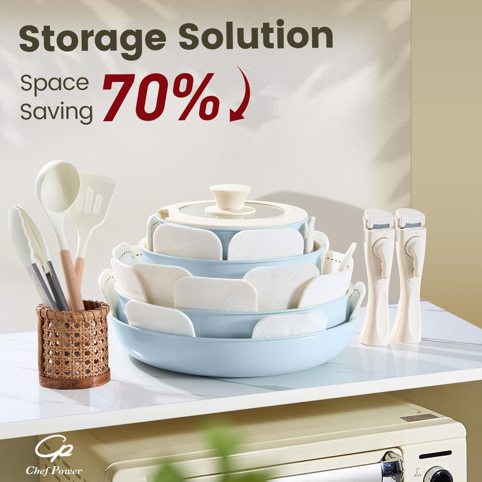 Chef Power induction-compatible cookware suitable for various stove types.