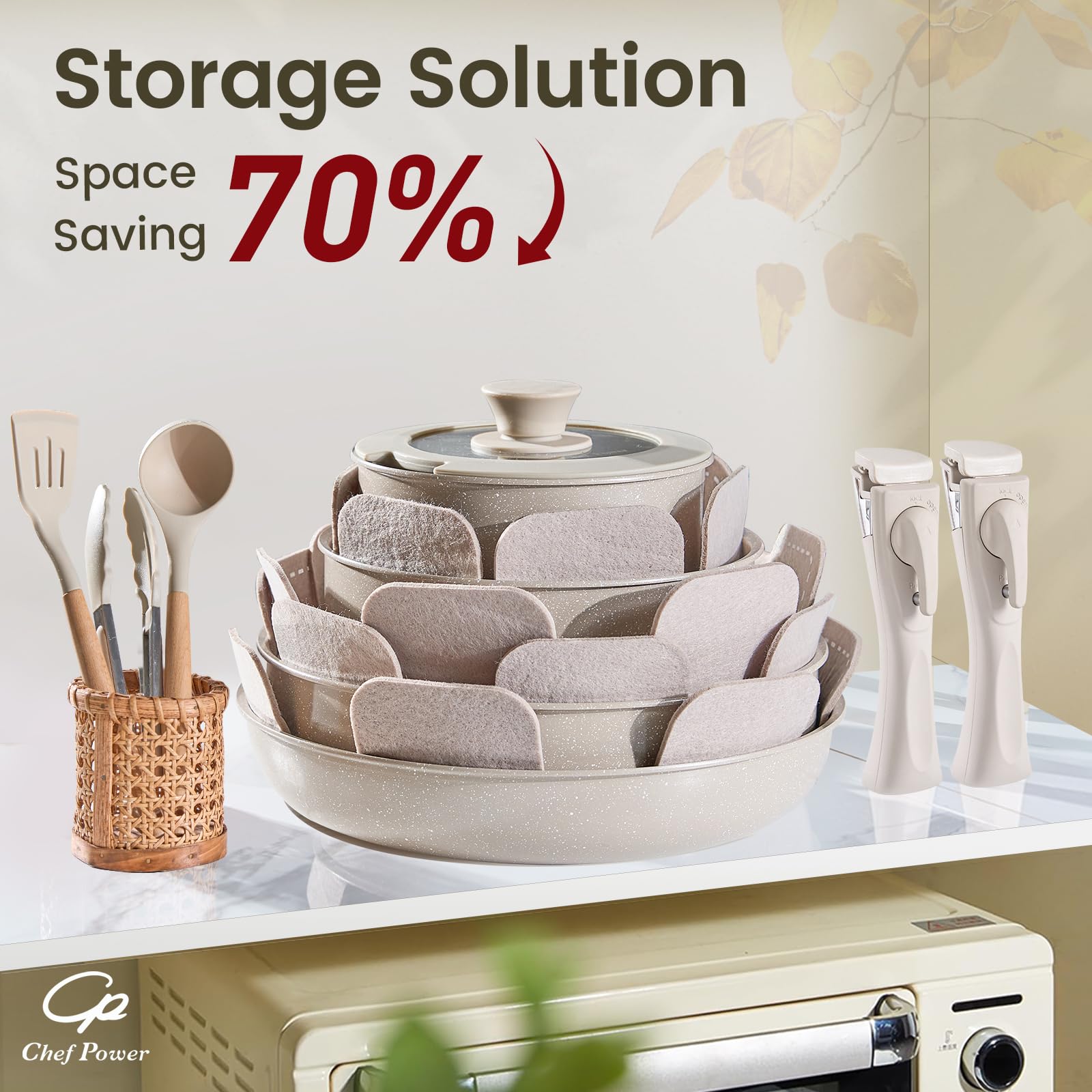 Chef Power induction-compatible cookware shown on multiple stove types