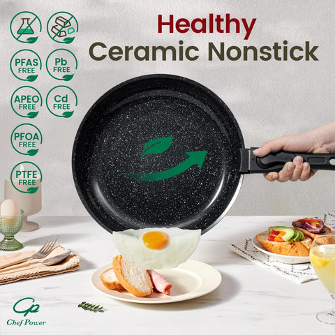 Chef Power oven-safe pots and pans up to 550°F for finishing dishes in the oven.