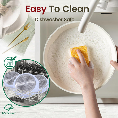 Chef Power oven-safe cookware up to 550°F supports searing and simmering.