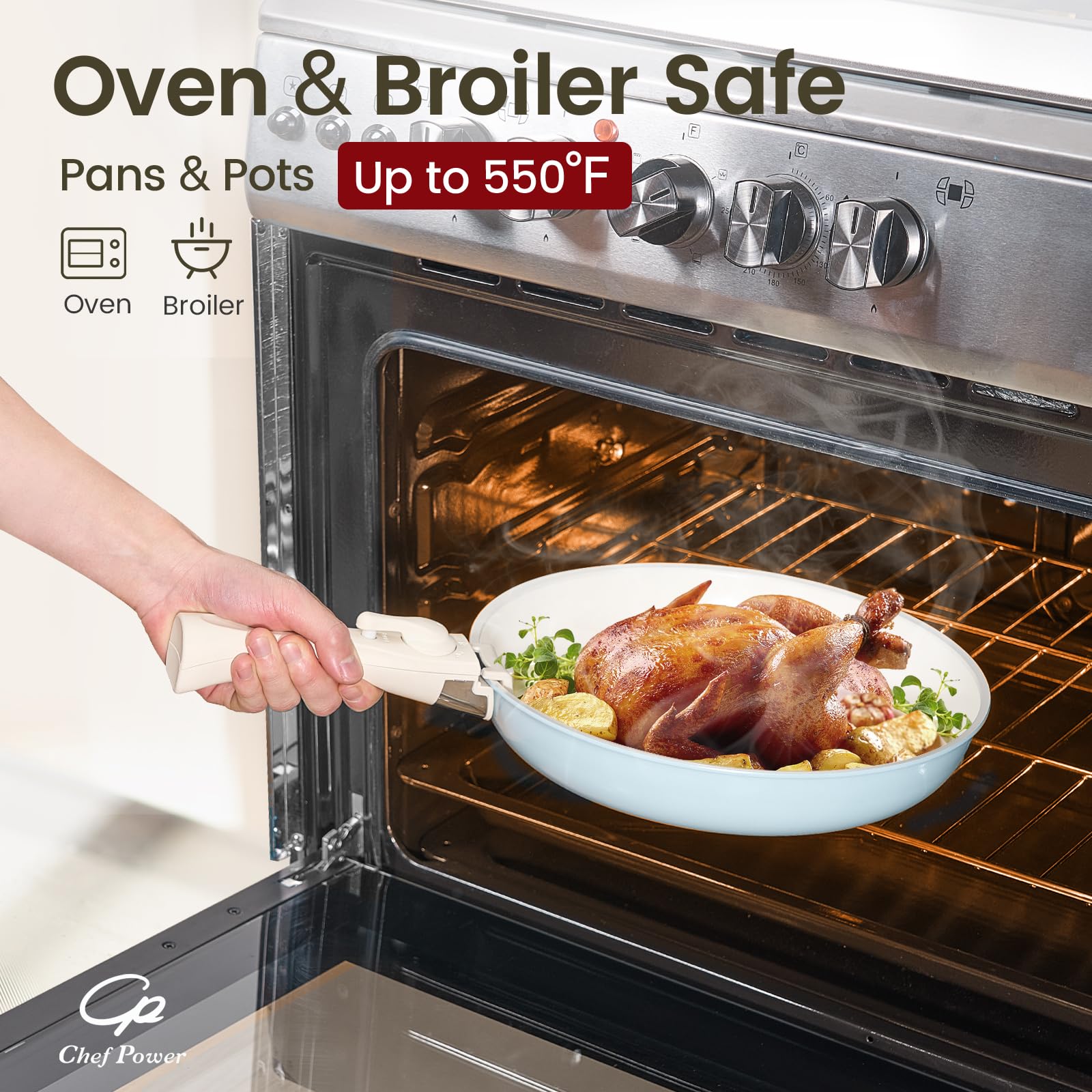 Chef Power silicone lids sealing to 350°F for meal prep flexibility.