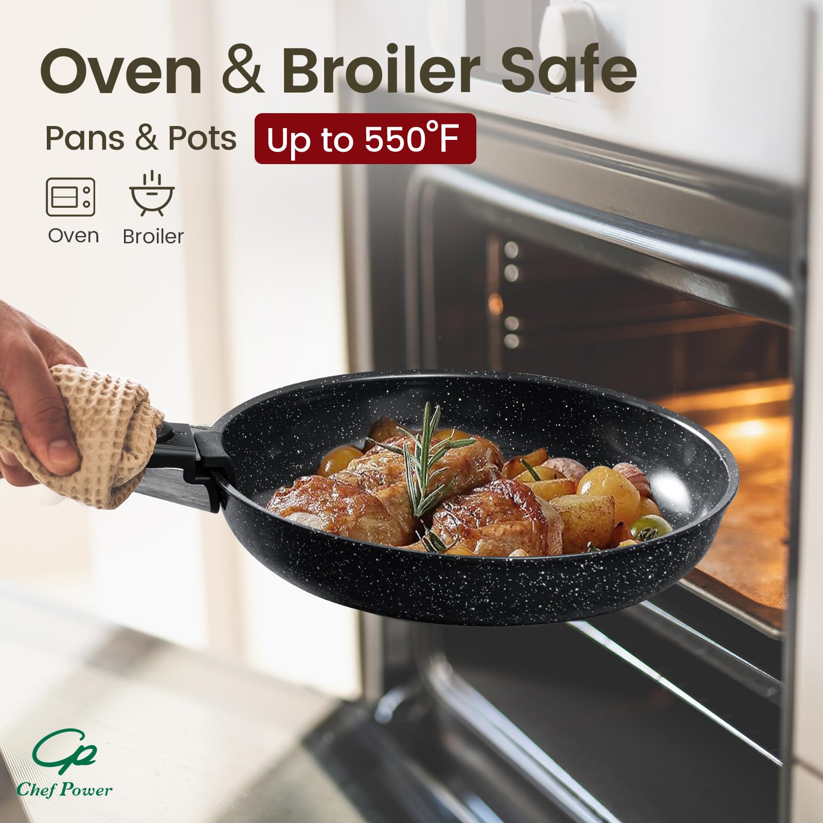 Chef Power silicone lids safe up to 350°F for steaming and sealing.