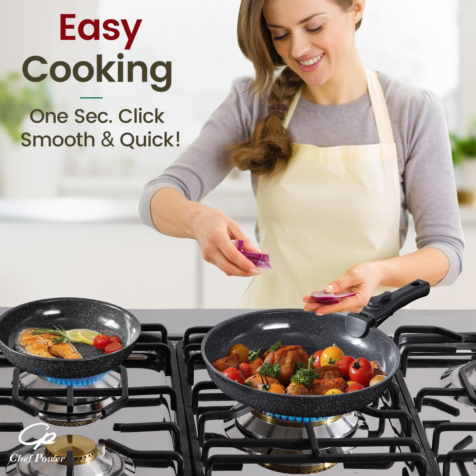 Chef Power silicone utensils (spatula, ladle) included for versatile cooking.