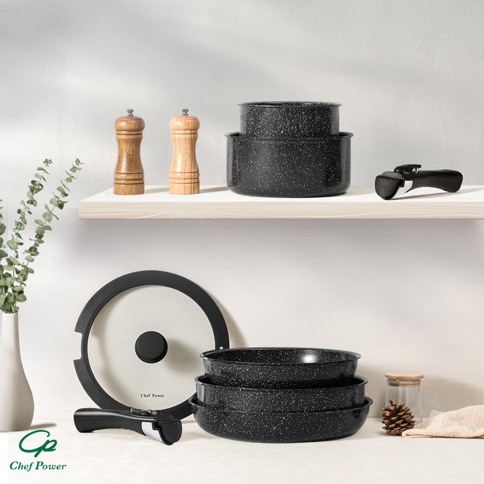 Chef Power space-saving, stackable design for efficient kitchen organization.