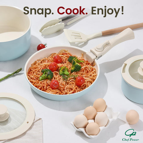 Chef Power stackable design shown in a tidy cabinet.
