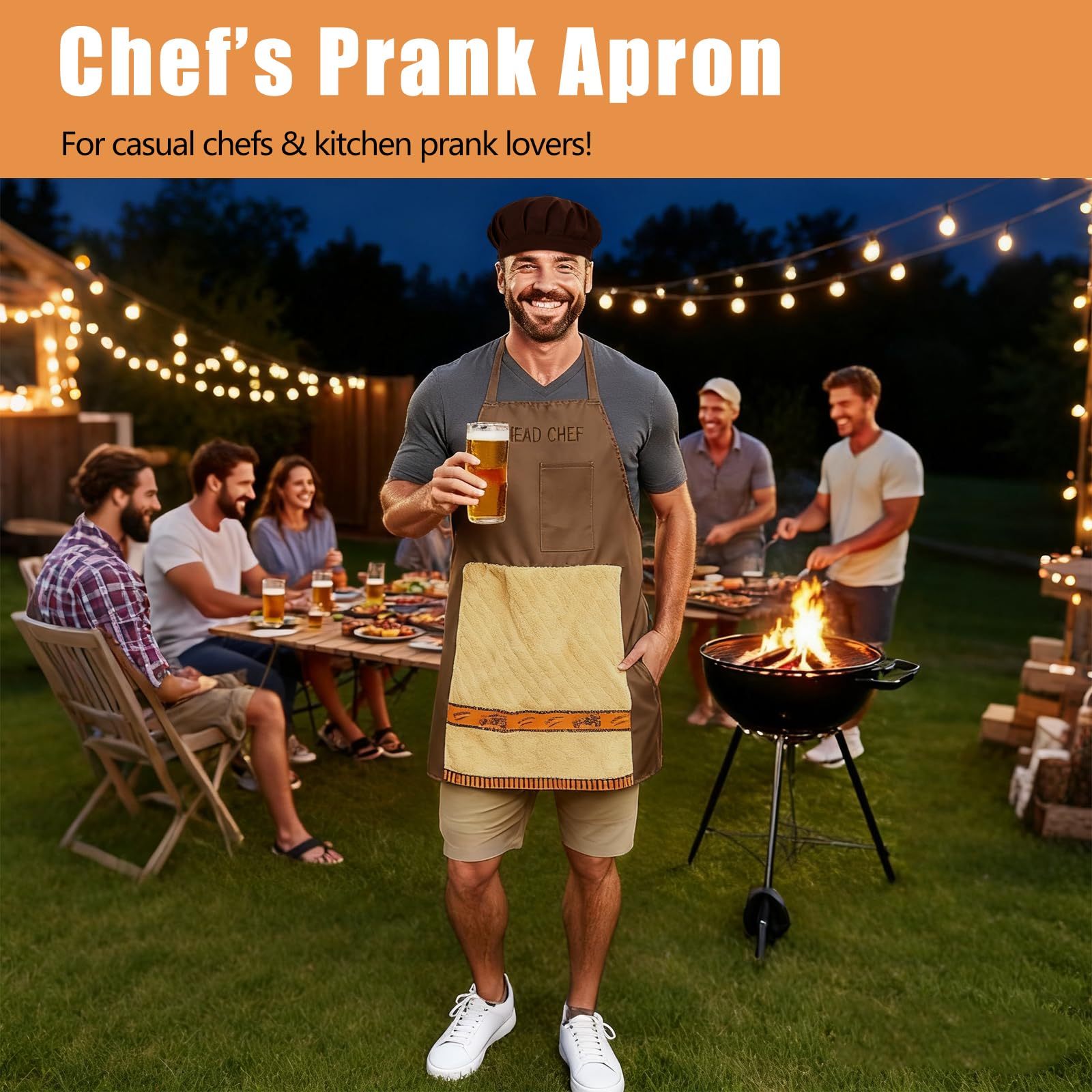 Hidden pocket flap on Chef's Prank Apron reveals a spring-out gadget