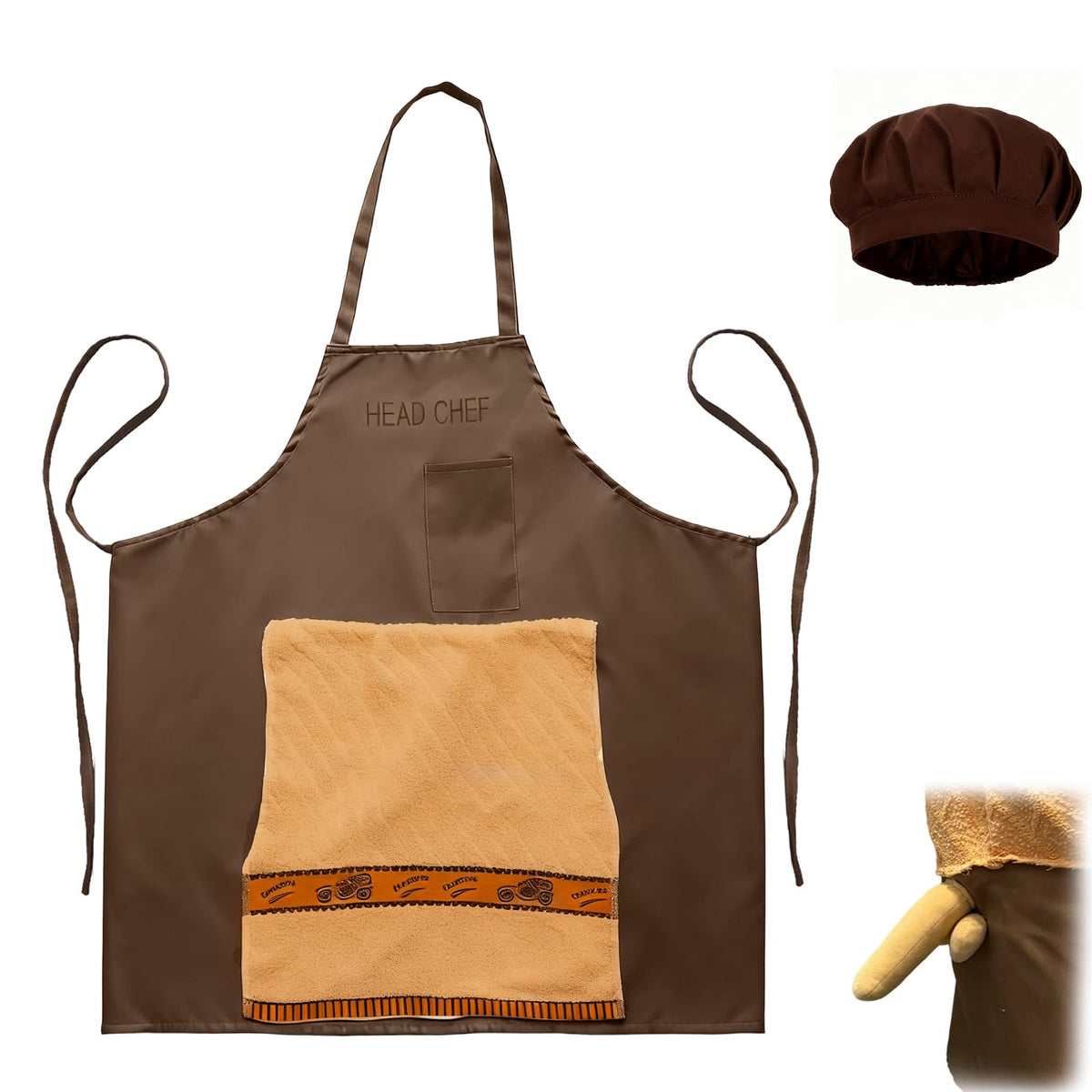 Chef's Prank Apron hidden pocket in brown fabric ready for kitchen moments