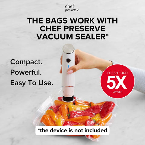 Chef Preserve freezer-safe bags pictured storing frozen meats and vegetables.
