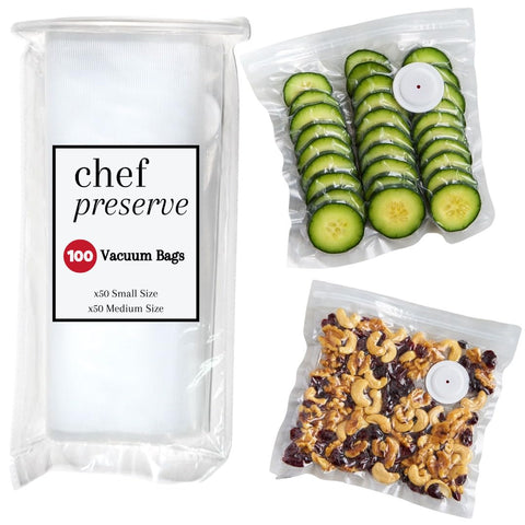 Chef Preserve reusable vacuum bags in a compact pack for eco-friendly storage.