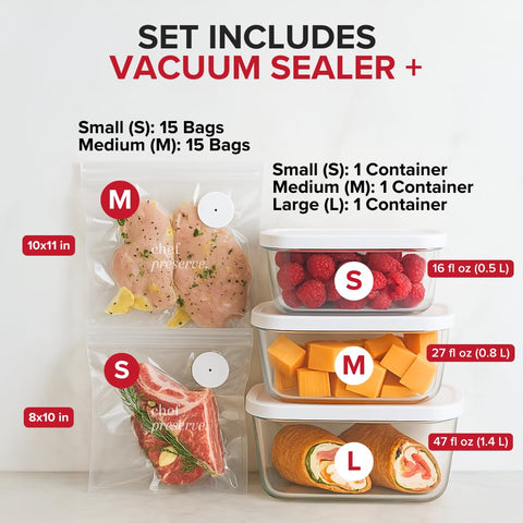 Chef Preserve reusable vacuum bags pack on counter ready for portioning