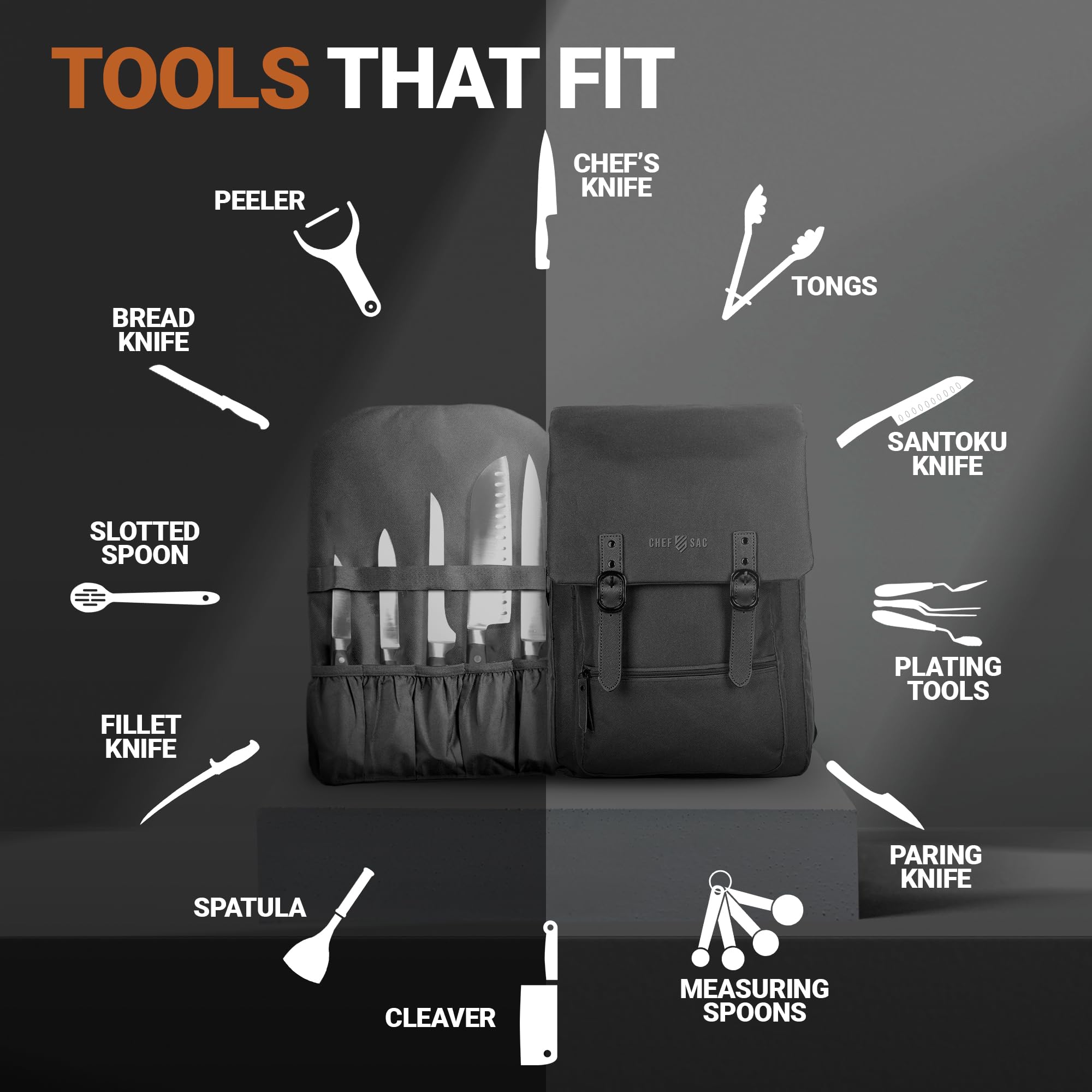 Chef Sac fits 16-inch knives and more in dedicated panels.