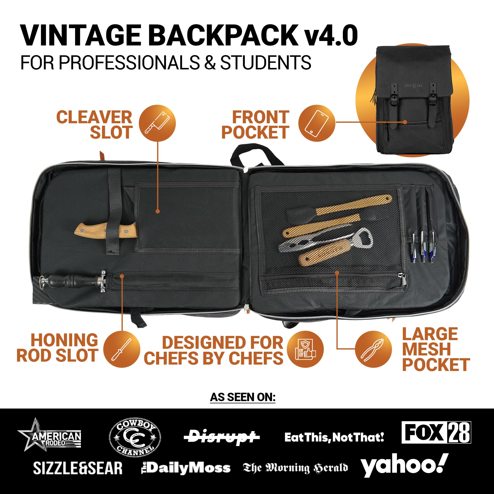 Chef Sac organized knife slots demonstrate tidy tool storage and quick access.