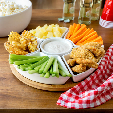 Chef Tacos chip and dip ceramic tray keeps sauces organized for guests.