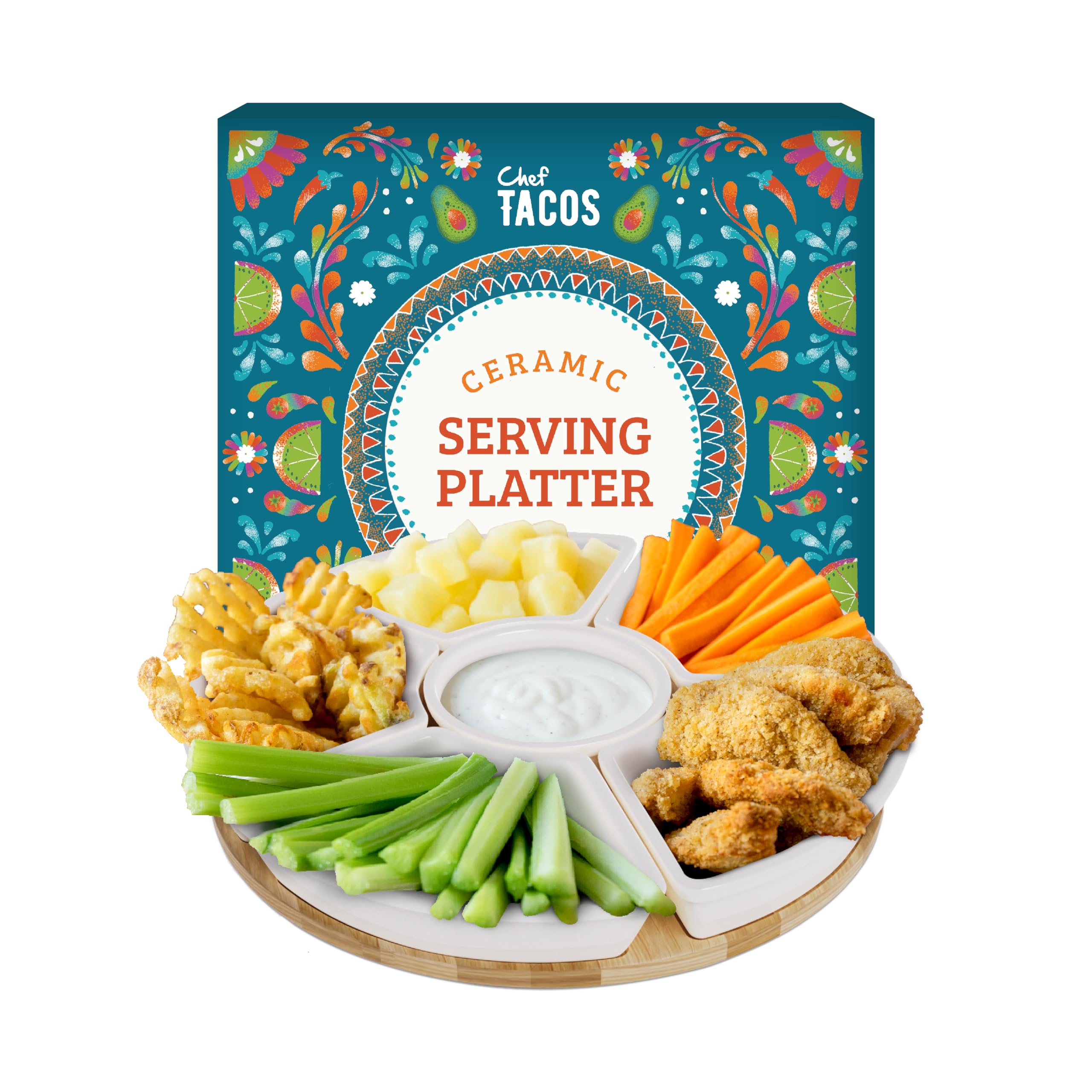 Chef Tacos ceramic taco platter with built-in lazy Susan for easy passing at gatherings.