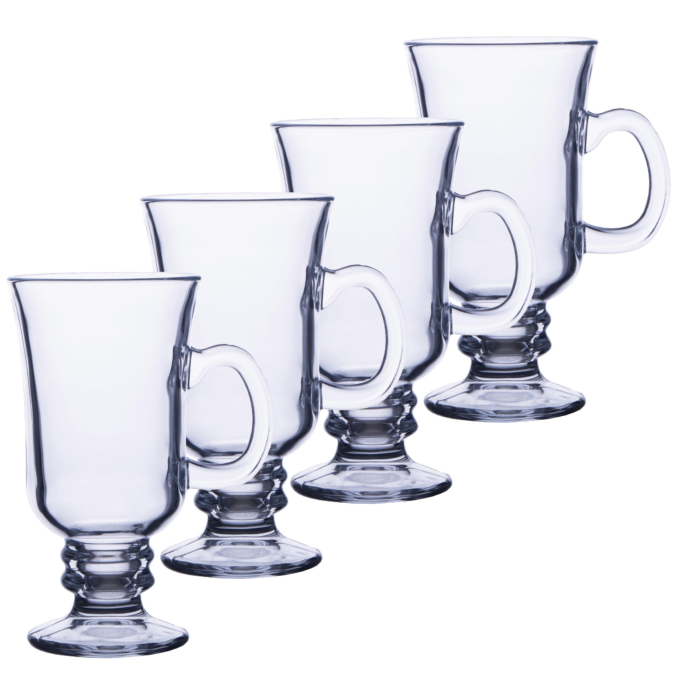 Chefcaptain glass coffee mug with handle shows elegant Irish footed design, ideal for hot beverages.