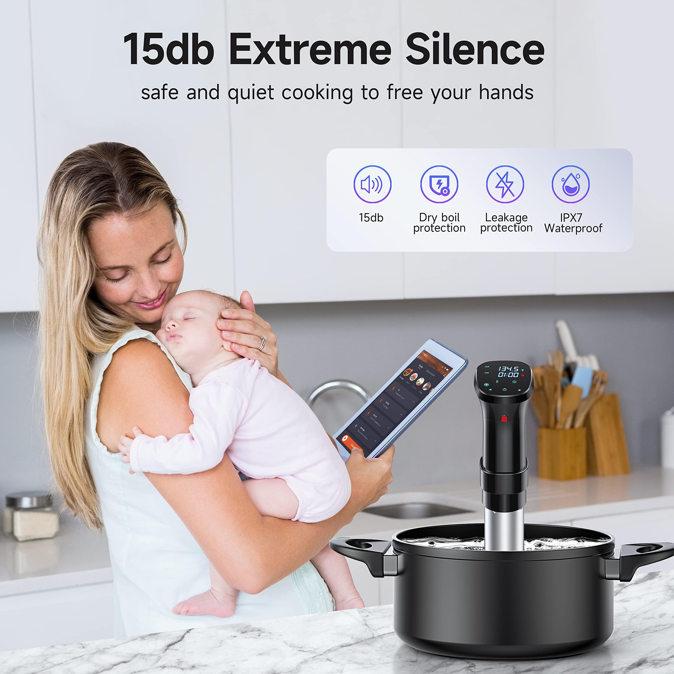 Chefess wifi sous vide cooker illustrating 360-degree water flow