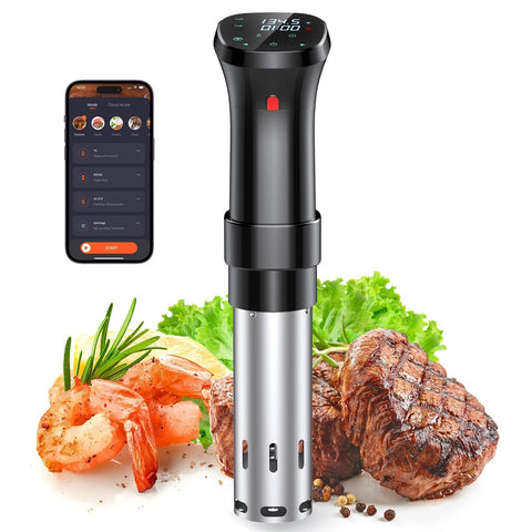 Chefess wifi sous vide cooker on a counter demonstrating precise control