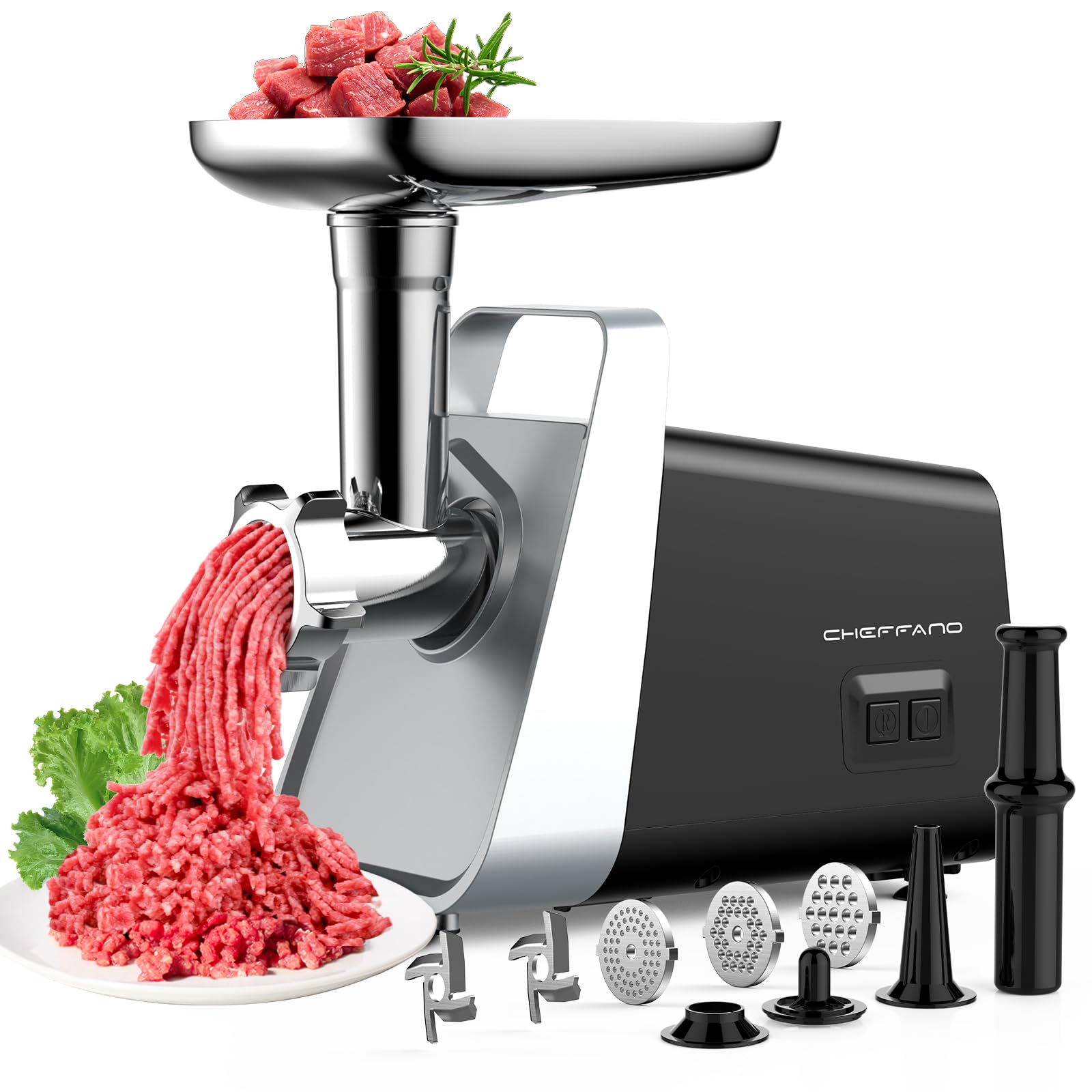 Cheffano Life electric meat grinder front view for quick, consistent home grinding