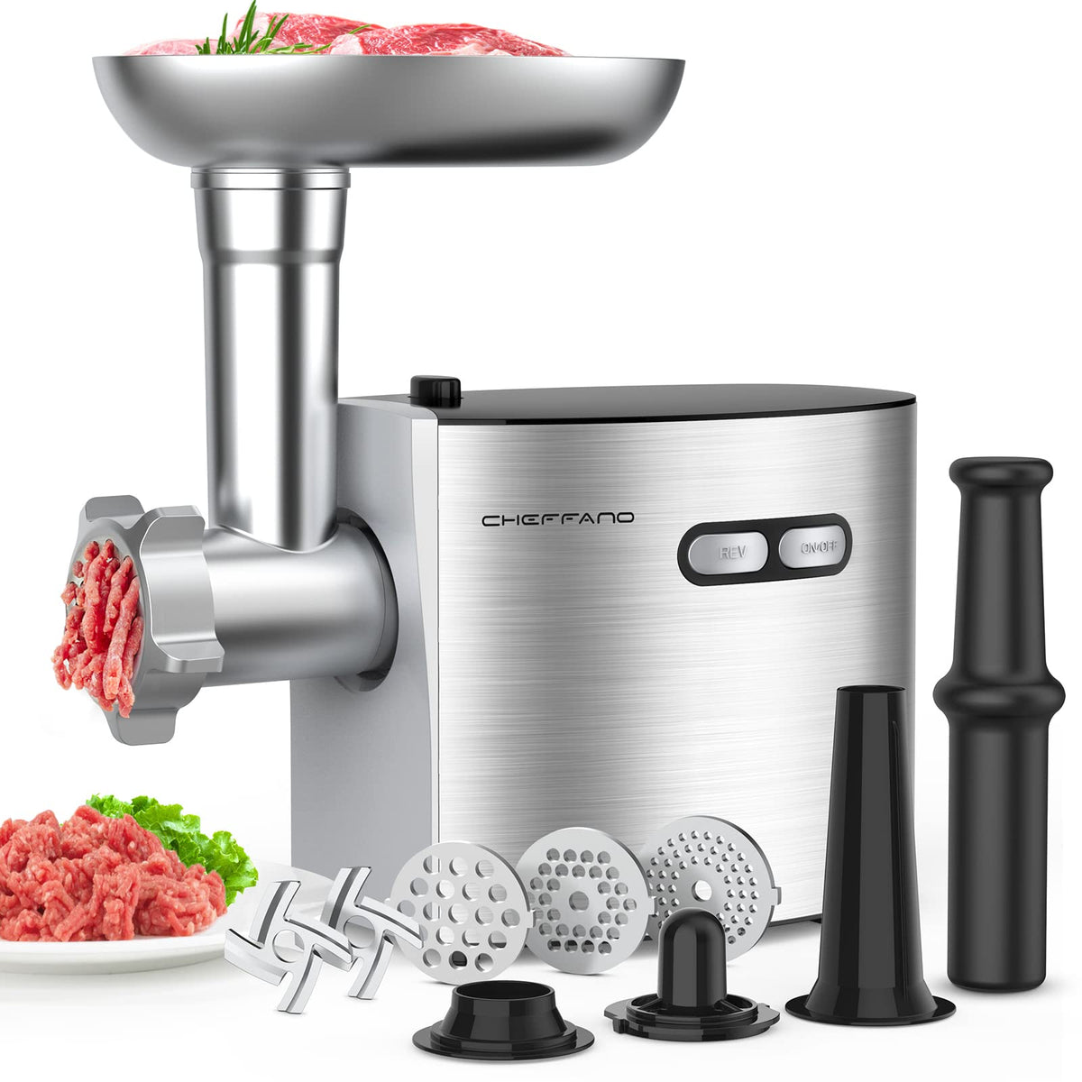 CHEFFANO meat grinder assembly view for quick setup and operation.