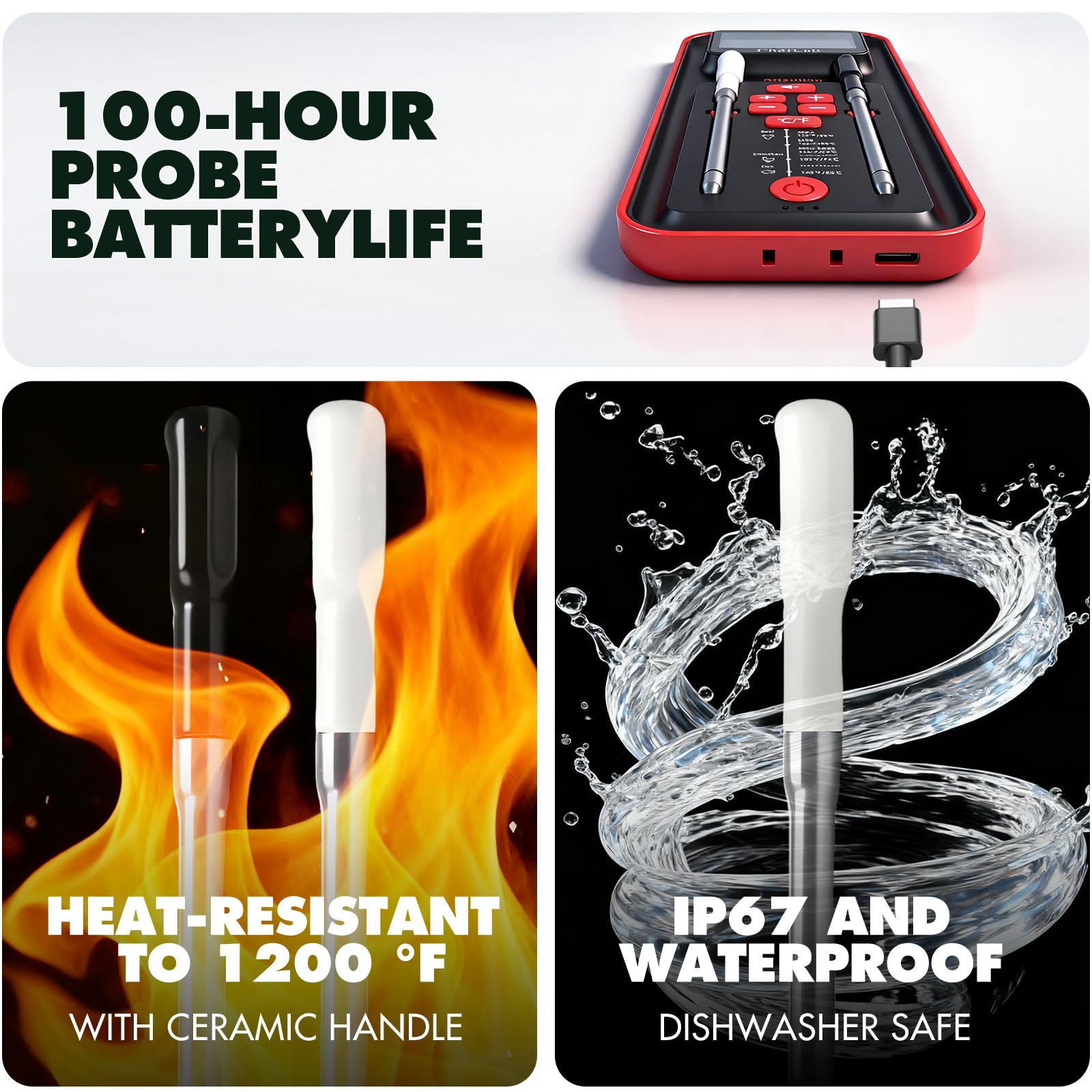 ChefLab AI Meat Thermometer IP67 durability withstands heat and splashes during outdoor cooking.