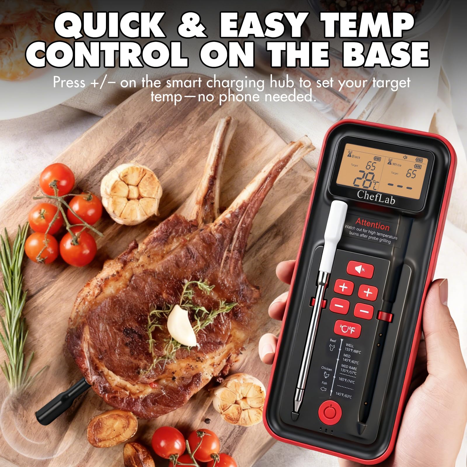 ChefLab AI Meat Thermometer magnetic dock provides quick temp checks without phone.