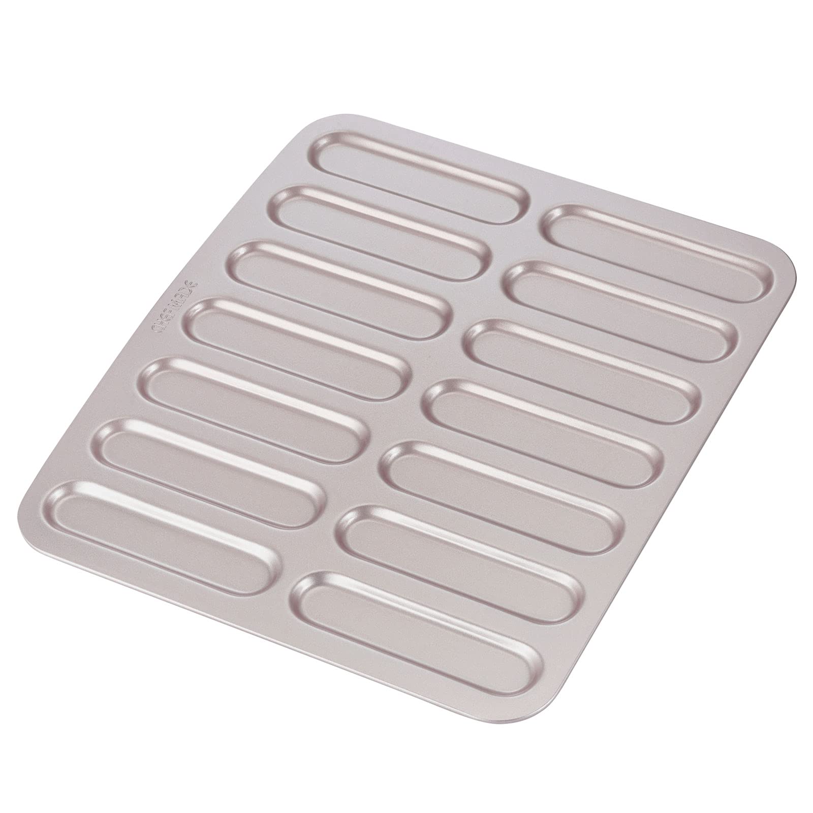 CHEFMADE eclair cake pan with 14 cavities and non-stick surface for easy release.