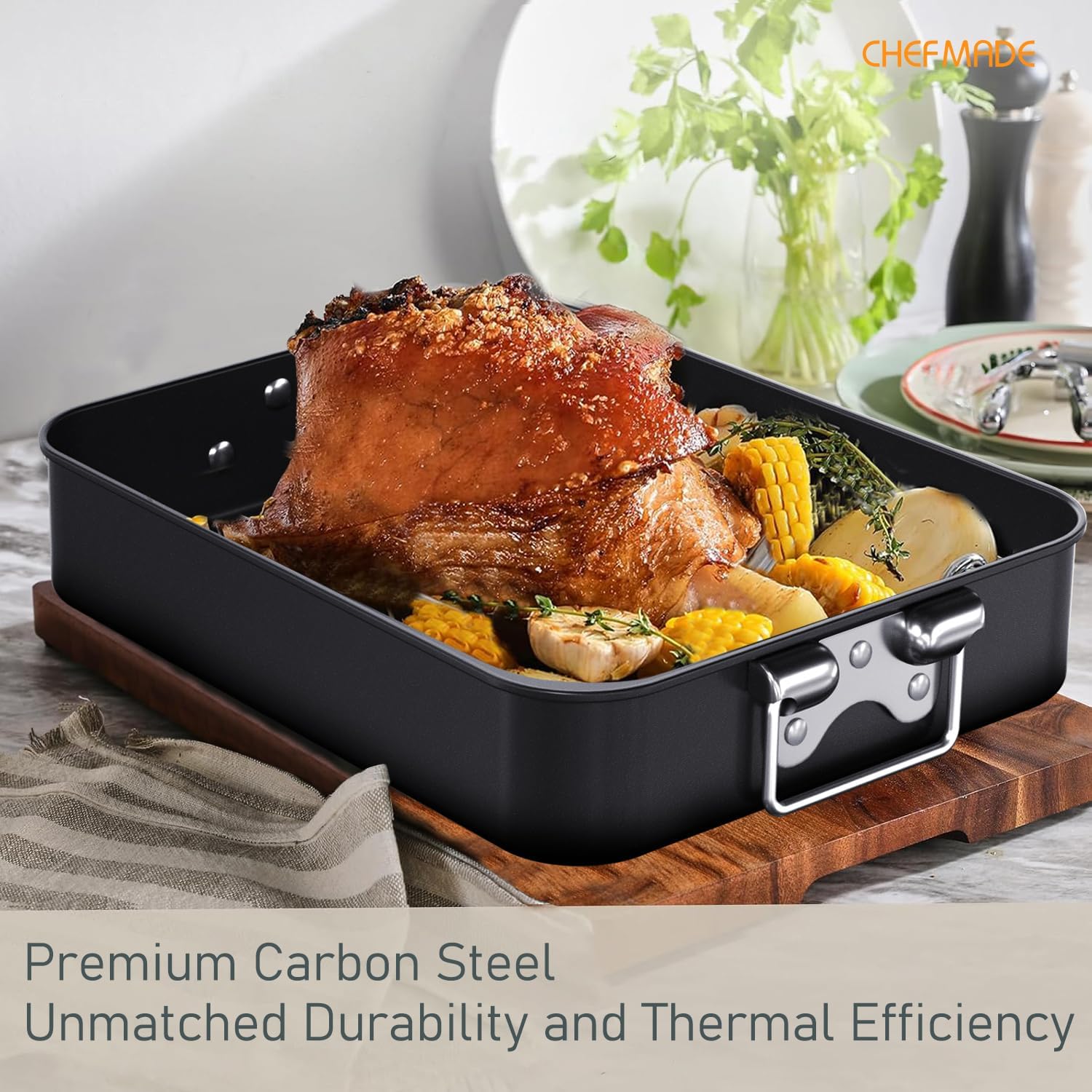 CHEFMADE roasting pan easy cleanup emphasizes non-stick coating performance.