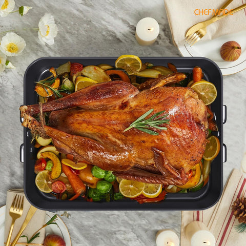 CHEFMADE roasting pan inside oven reveals roomy interior for large roasts.