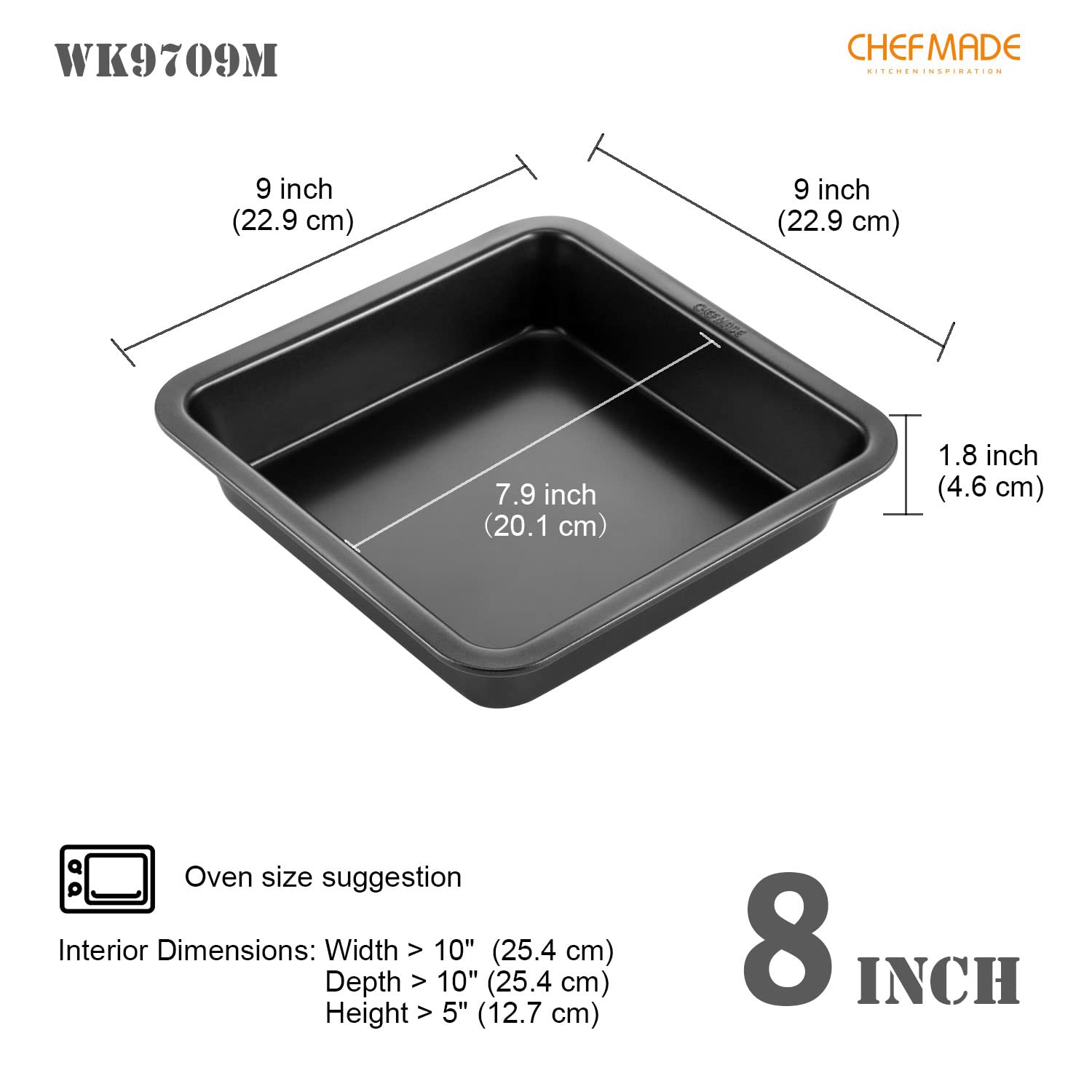 CHEFMADE square cake pan 8inch side view showing reinforced edges and grip.