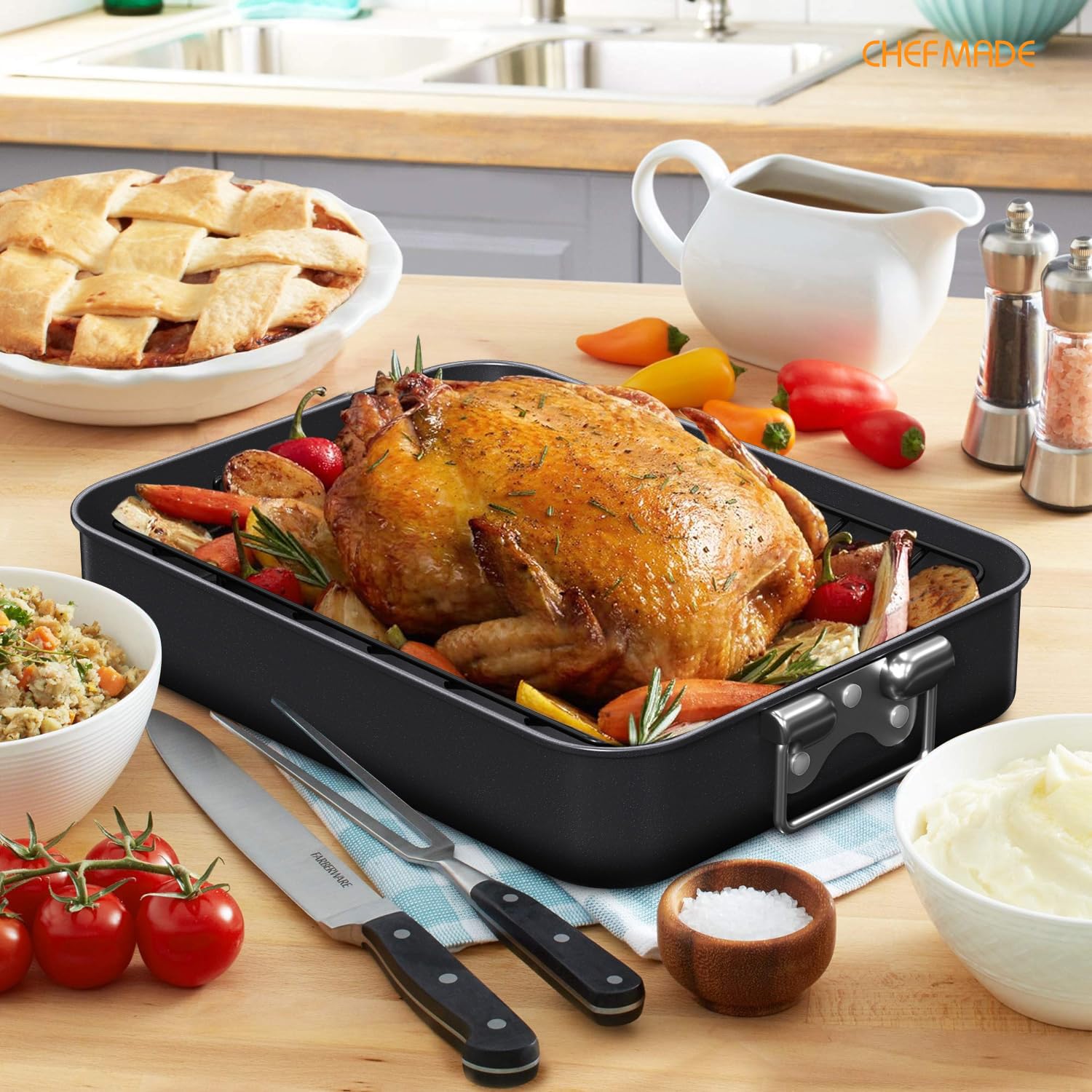 CHEFMADE turkey roasting pan non-stick coating for easy release and lighter cleanup.