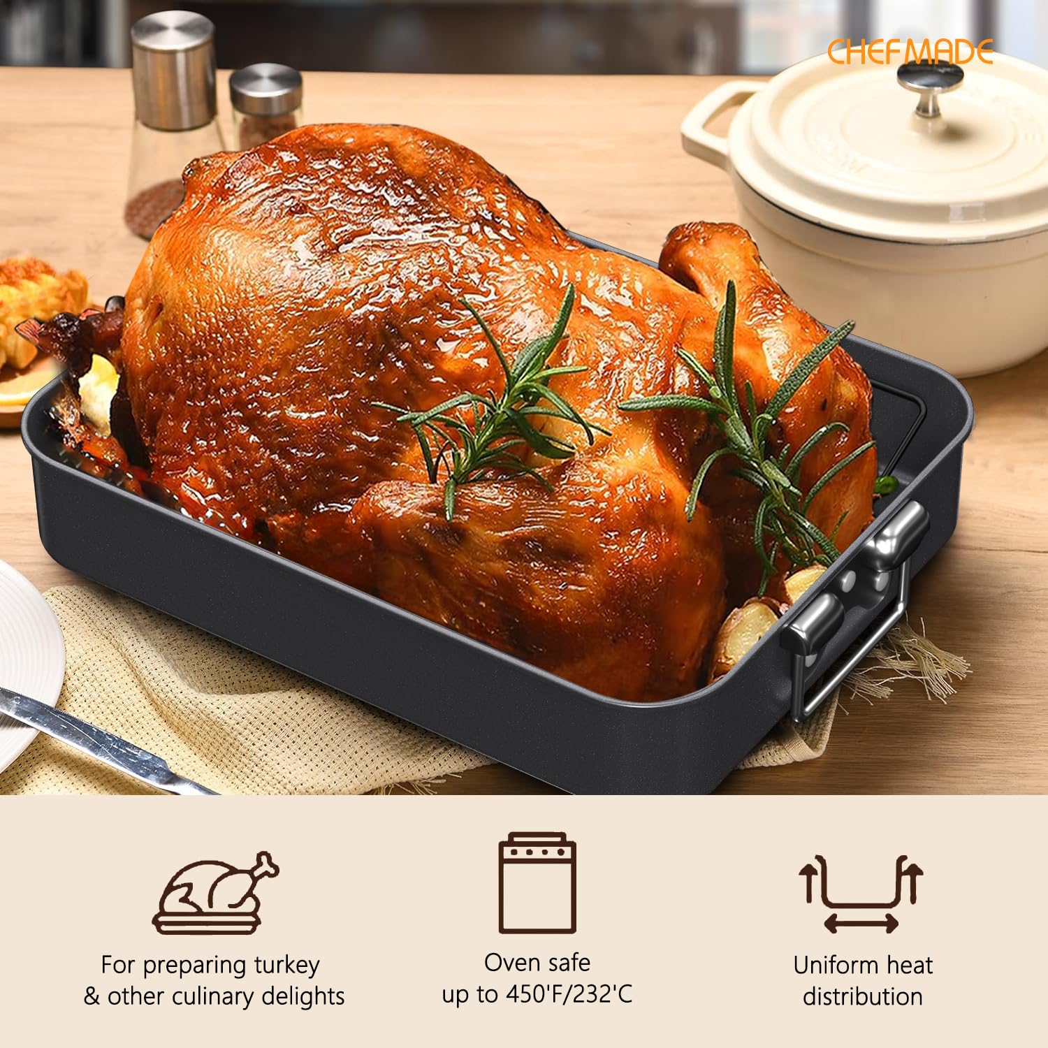 Sturdy side handles on CHEFMADE pan provide secure lifting and transport.