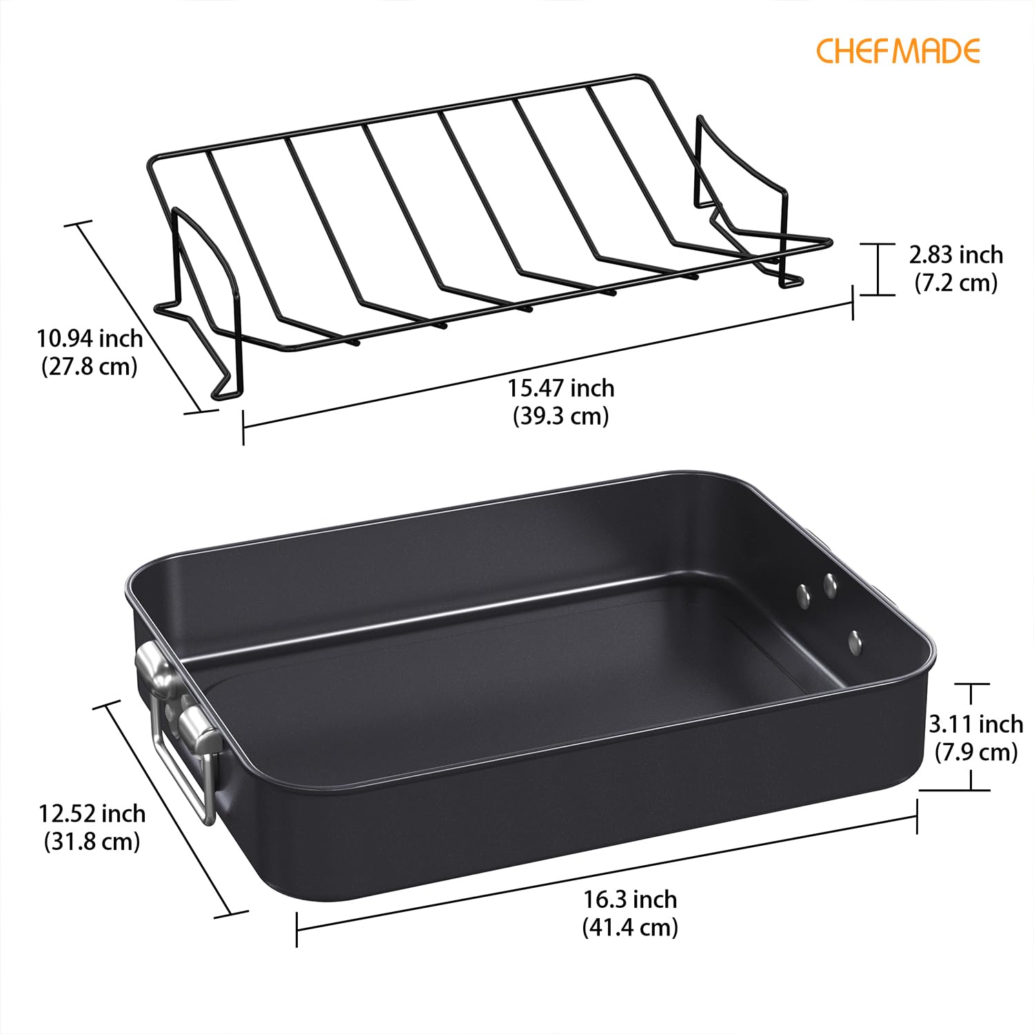 CHEFMADE pan with V-rack close-up highlighting airflow for crisp, evenly cooked edges.