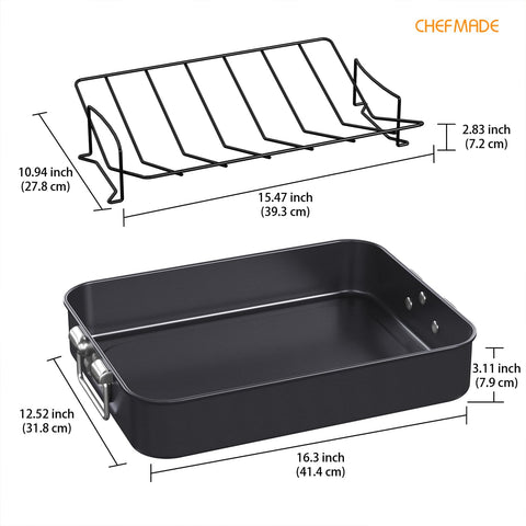 CHEFMADE pan with V-rack close-up highlighting airflow for crisp, evenly cooked edges.