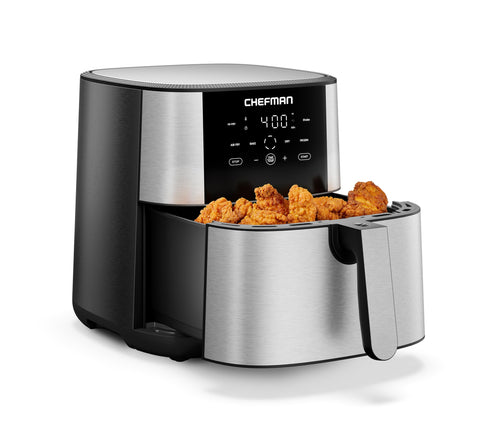 Chefman air fryer 8 qt front view highlights roomy basket for family meals.