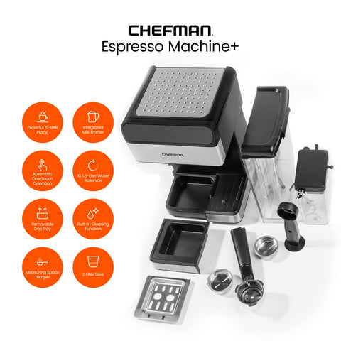 Chefman built-in milk frother for creamy cappuccinos and lattes.