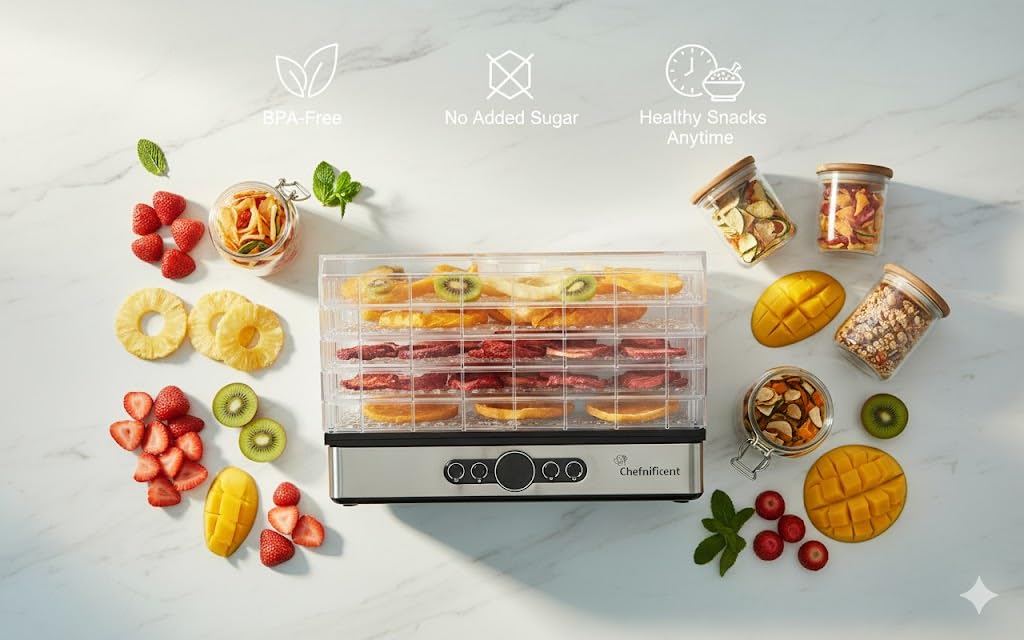 Chefnificent DryPro 400 shows 4-hour drying for fast snack prep.