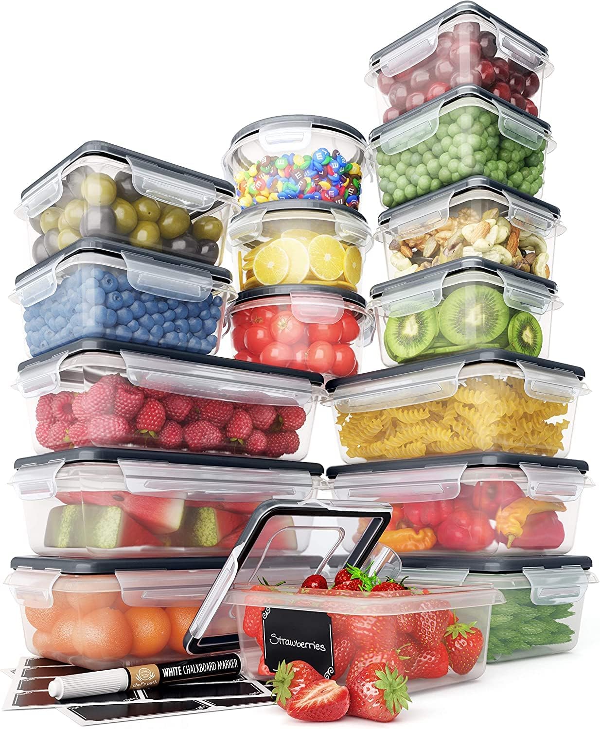 Chef's Path 32-piece set on shelf shows clear, stackable containers for organized pantry storage.