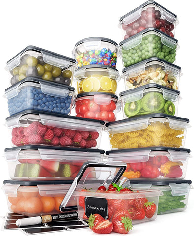 Chef's Path 32-piece set on shelf shows clear, stackable containers for organized pantry storage.